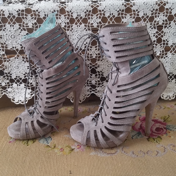 Brown Suede Laced Caged Heels - Picture 2 of 10